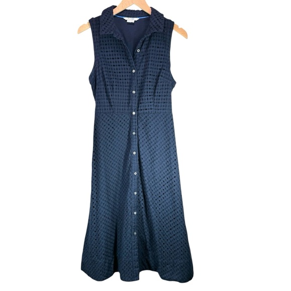 Boden Dresses & Skirts - Boden Navy Eyelet Midi Dress Size 8 Long Button Front Sleeveless Cotton Office